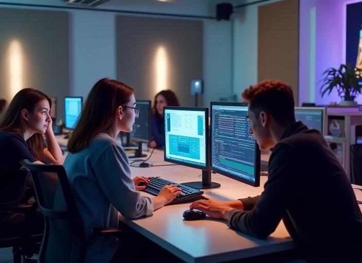 Photo of students learning in a modern digital media studio.